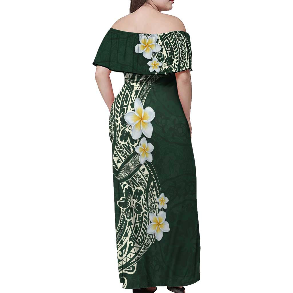 Plumeria Family Matching Off Shoulder Maxi Dress and Hawaiian Shirt Polynesian Tribal Frangipani Green LT03 - Polynesian Pride