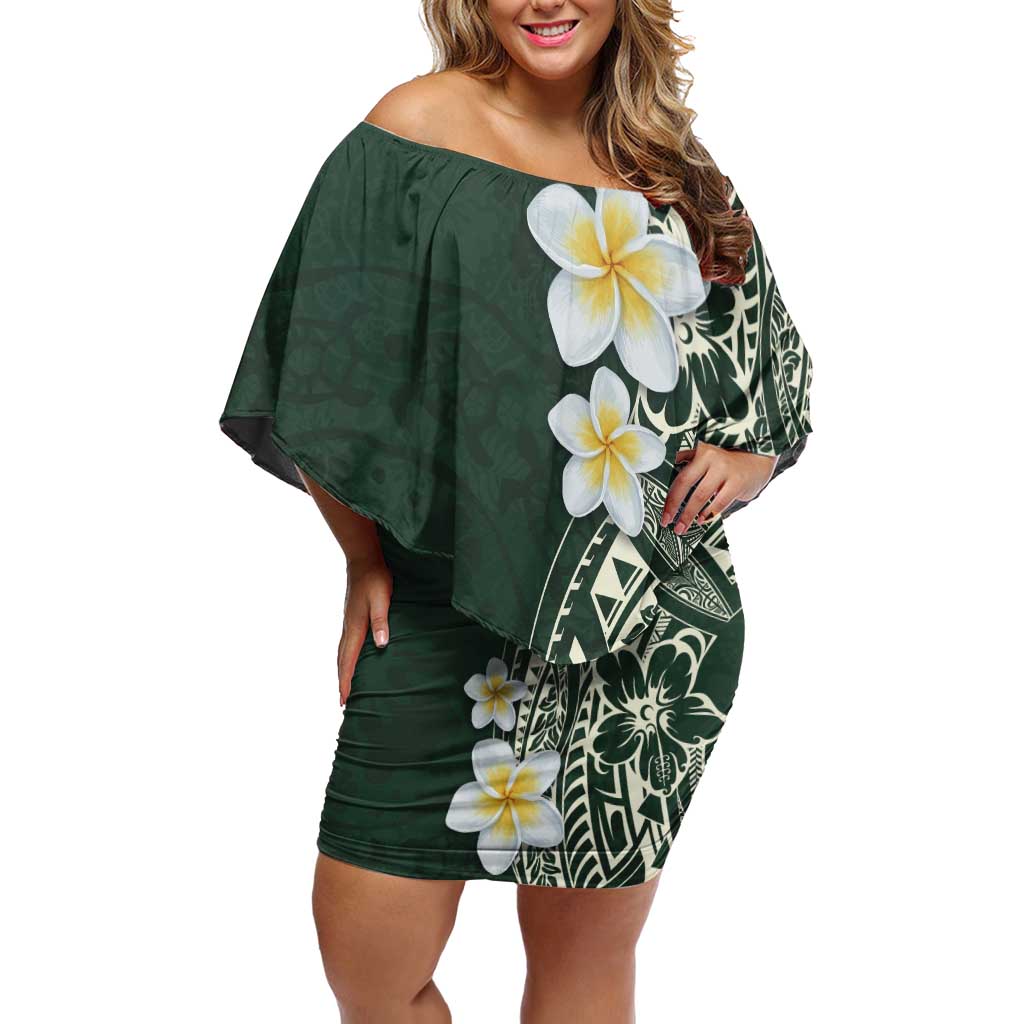 Plumeria Family Matching Off Shoulder Short Dress and Hawaiian Shirt Polynesian Tribal Frangipani Green LT03 Mom's Dress Green - Polynesian Pride