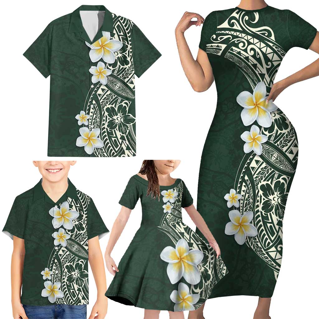 Plumeria Family Matching Short Sleeve Bodycon Dress and Hawaiian Shirt Polynesian Tribal Frangipani Green LT03 - Polynesian Pride