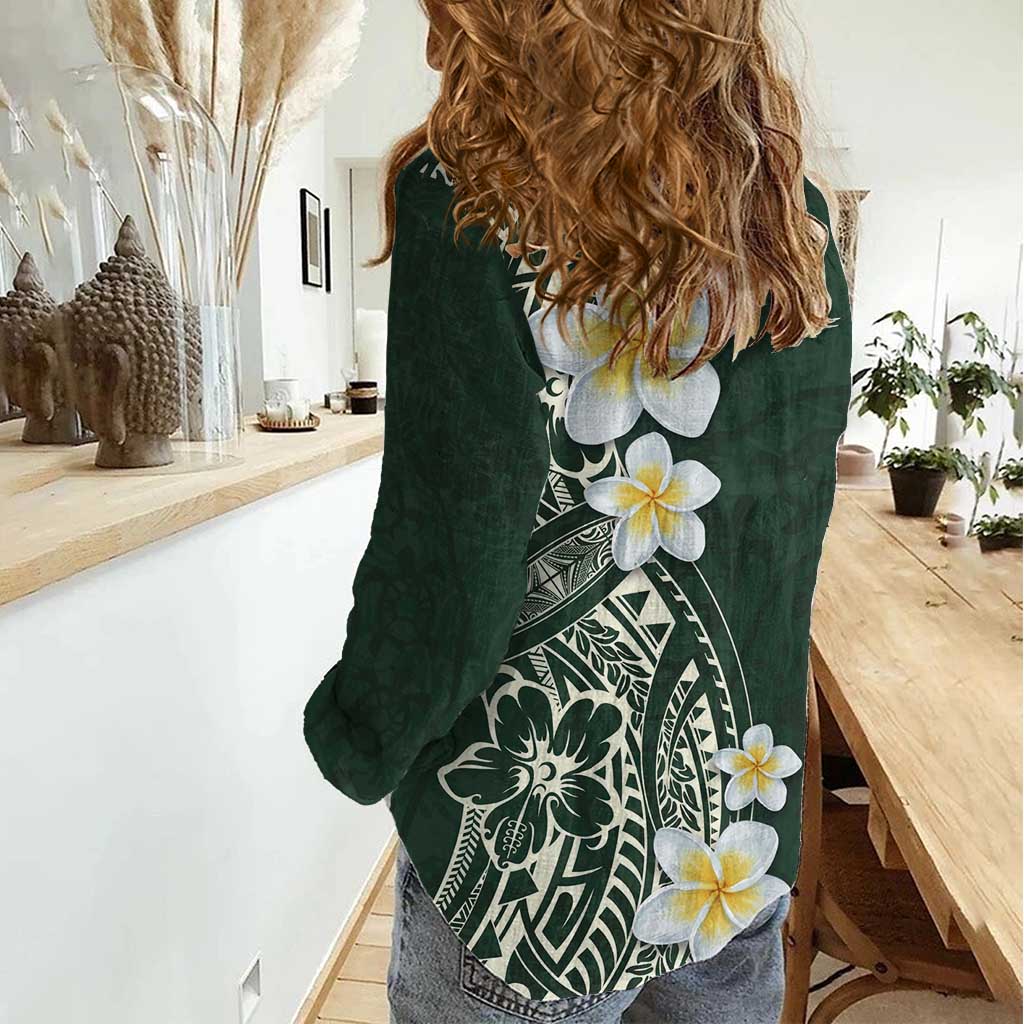 Plumeria Women Casual Shirt Polynesian Tribal Frangipani Green LT03 - Polynesian Pride