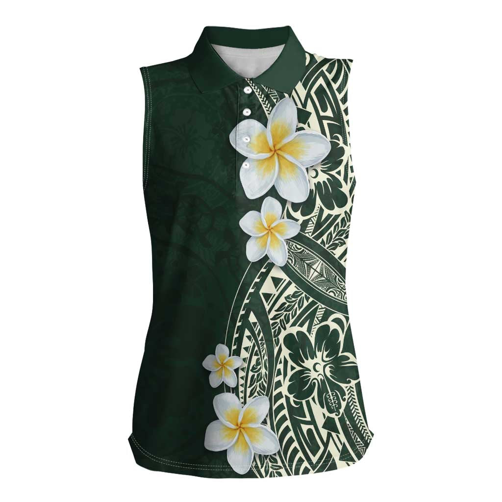 Plumeria Women Sleeveless Polo Shirt Polynesian Tribal Frangipani Green LT03 Female Green - Polynesian Pride