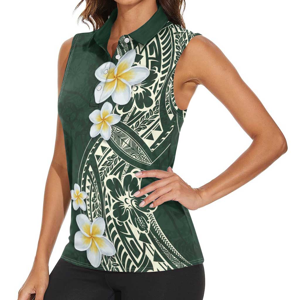 Plumeria Women Sleeveless Polo Shirt Polynesian Tribal Frangipani Green LT03 - Polynesian Pride