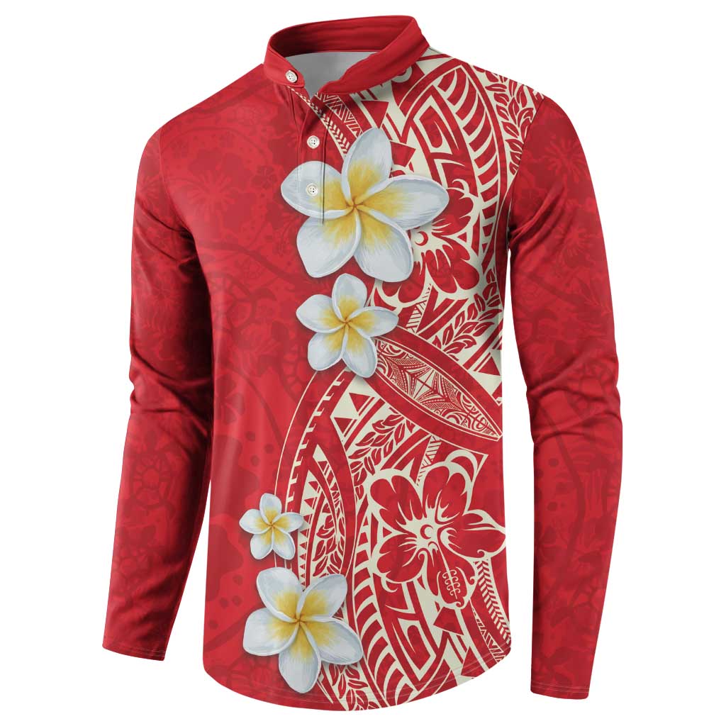 Plumeria Button Sweatshirt Polynesian Tribal Frangipani Red