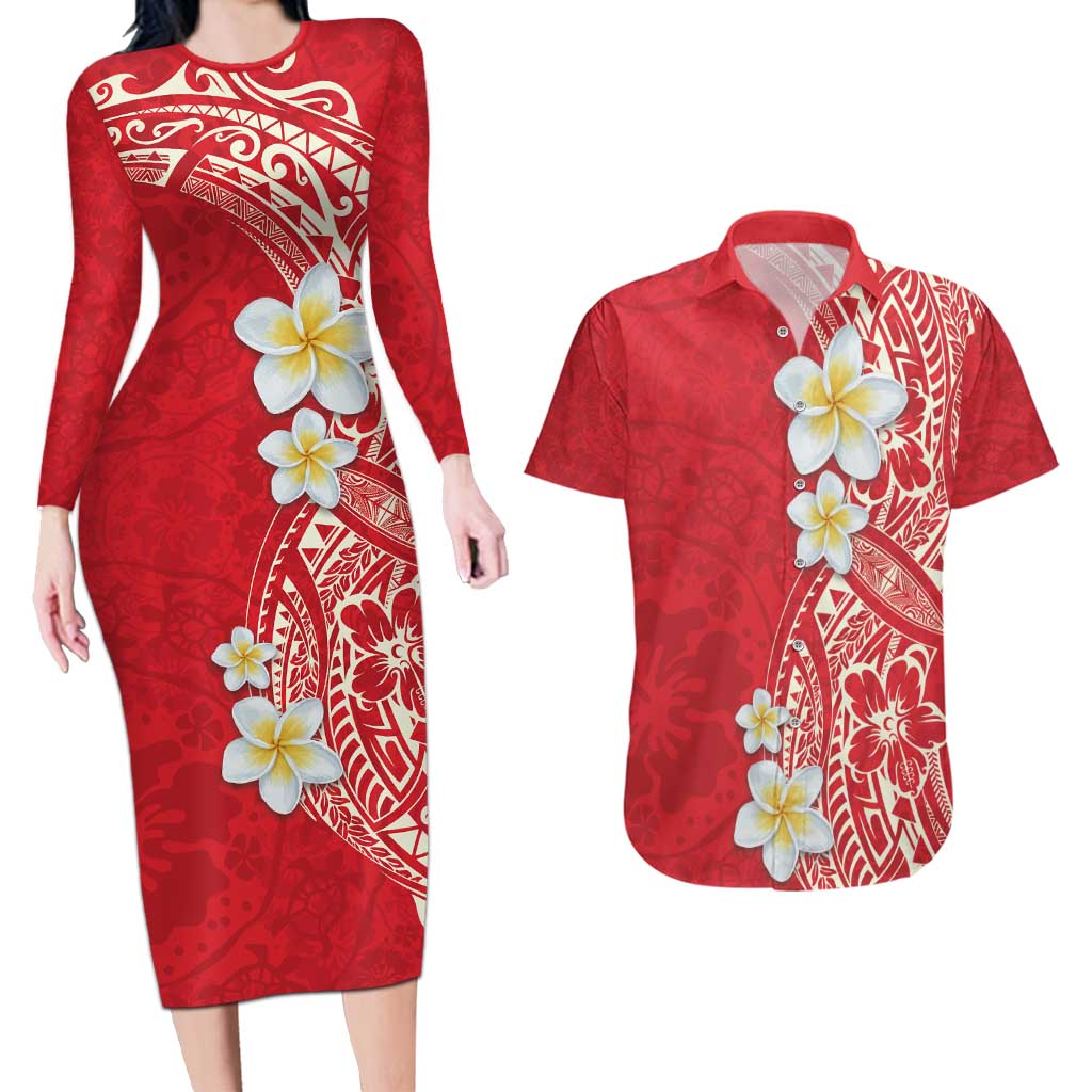 Plumeria Couples Matching Long Sleeve Bodycon Dress and Hawaiian Shirt Polynesian Tribal Frangipani Red LT03 Red - Polynesian Pride