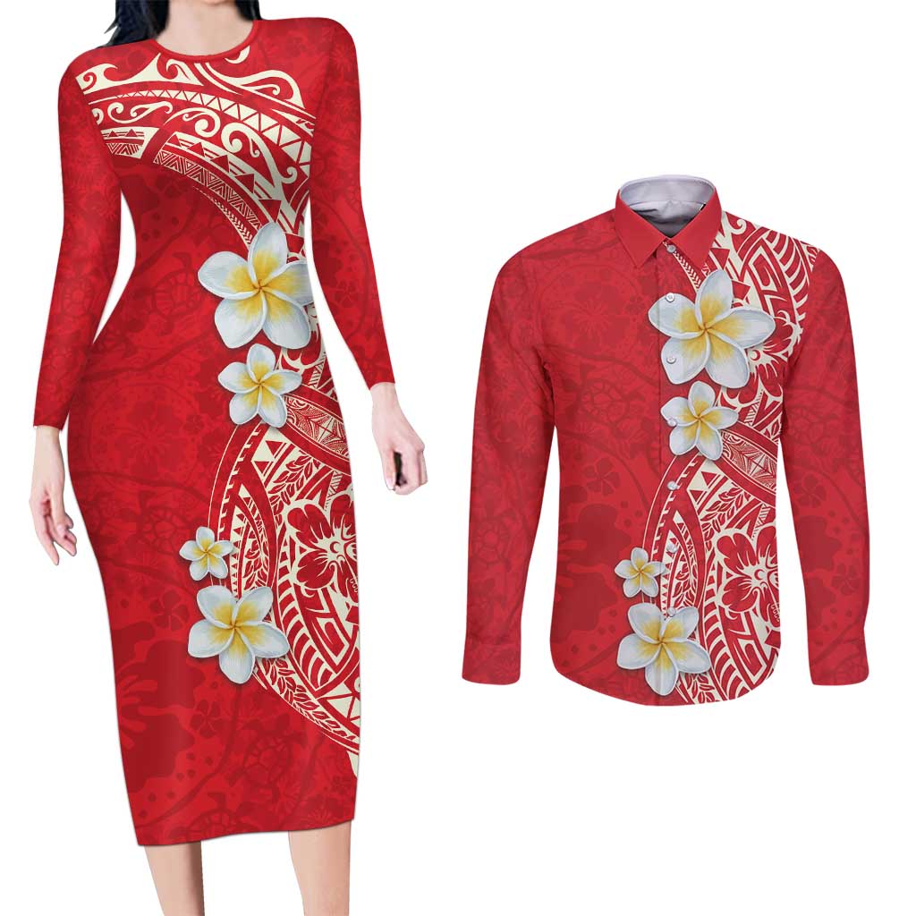 Plumeria Couples Matching Long Sleeve Bodycon Dress and Long Sleeve Button Shirt Polynesian Tribal Frangipani Red LT03 Red - Polynesian Pride