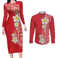 Plumeria Couples Matching Long Sleeve Bodycon Dress and Long Sleeve Button Shirt Polynesian Tribal Frangipani Red LT03 Red - Polynesian Pride