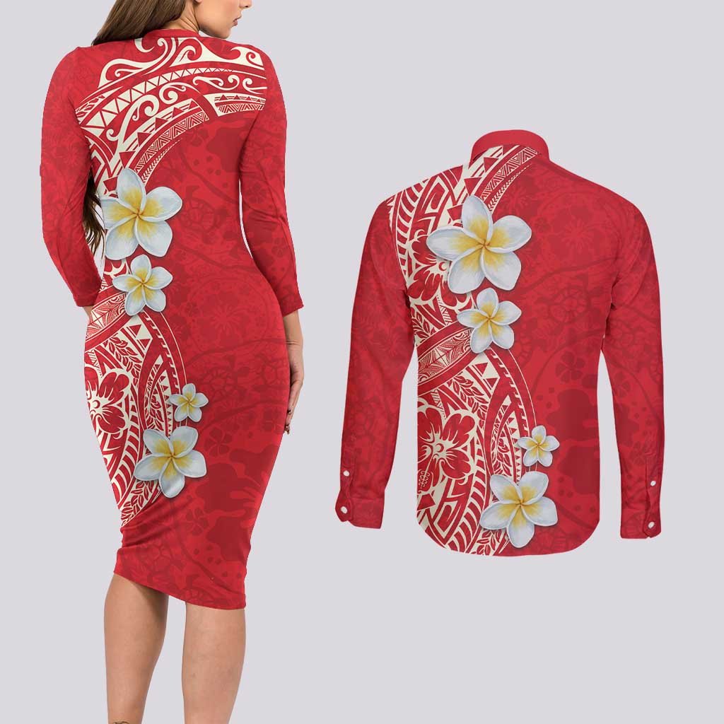 Plumeria Couples Matching Long Sleeve Bodycon Dress and Long Sleeve Button Shirt Polynesian Tribal Frangipani Red LT03 - Polynesian Pride
