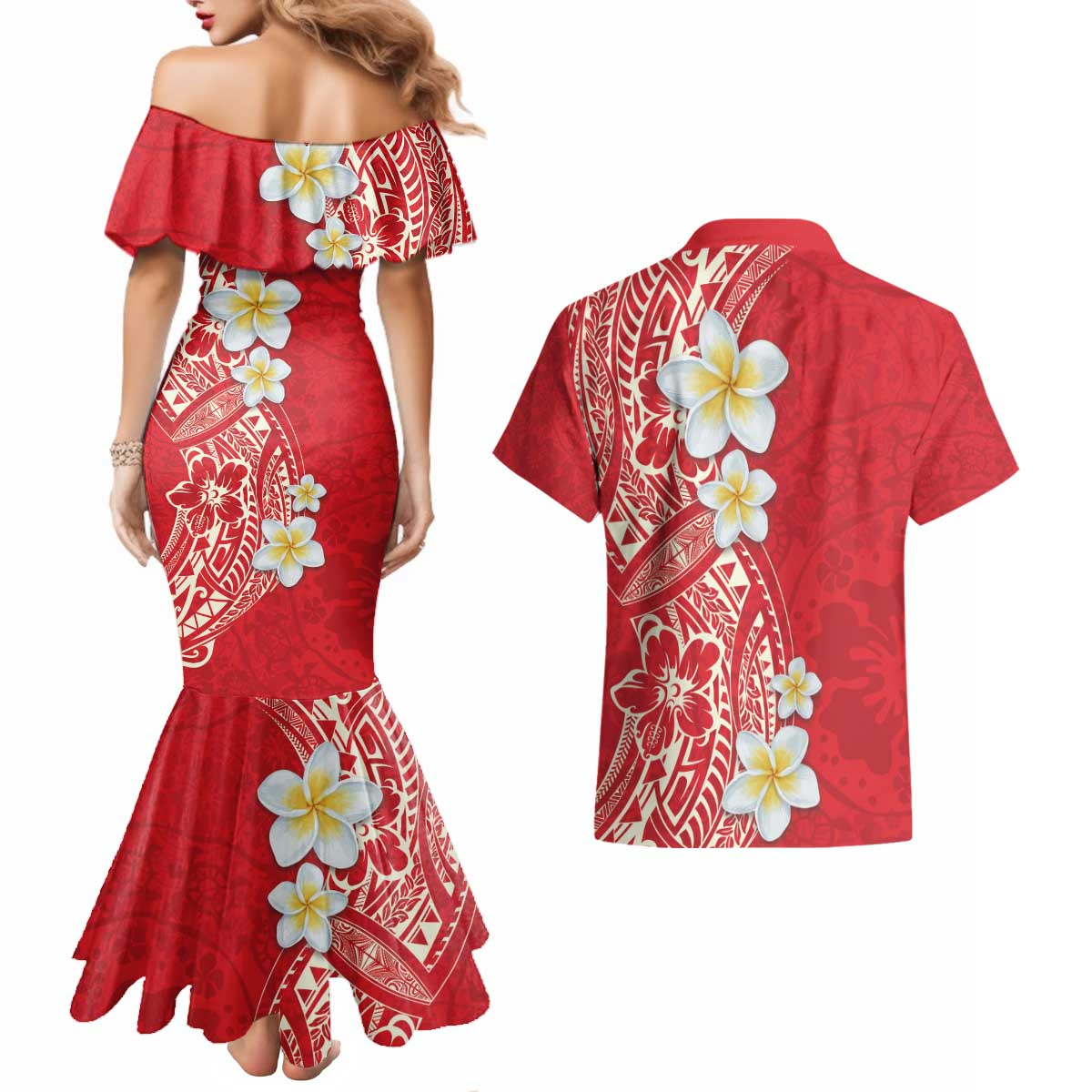 Plumeria Couples Matching Mermaid Dress and Hawaiian Shirt Polynesian Tribal Frangipani Red LT03 - Polynesian Pride