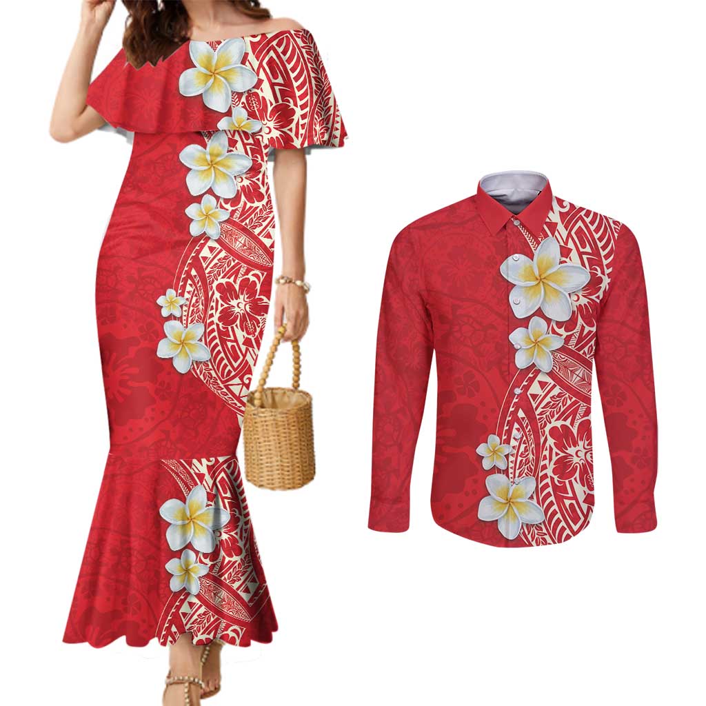 Plumeria Couples Matching Mermaid Dress and Long Sleeve Button Shirt Polynesian Tribal Frangipani Red LT03 Red - Polynesian Pride