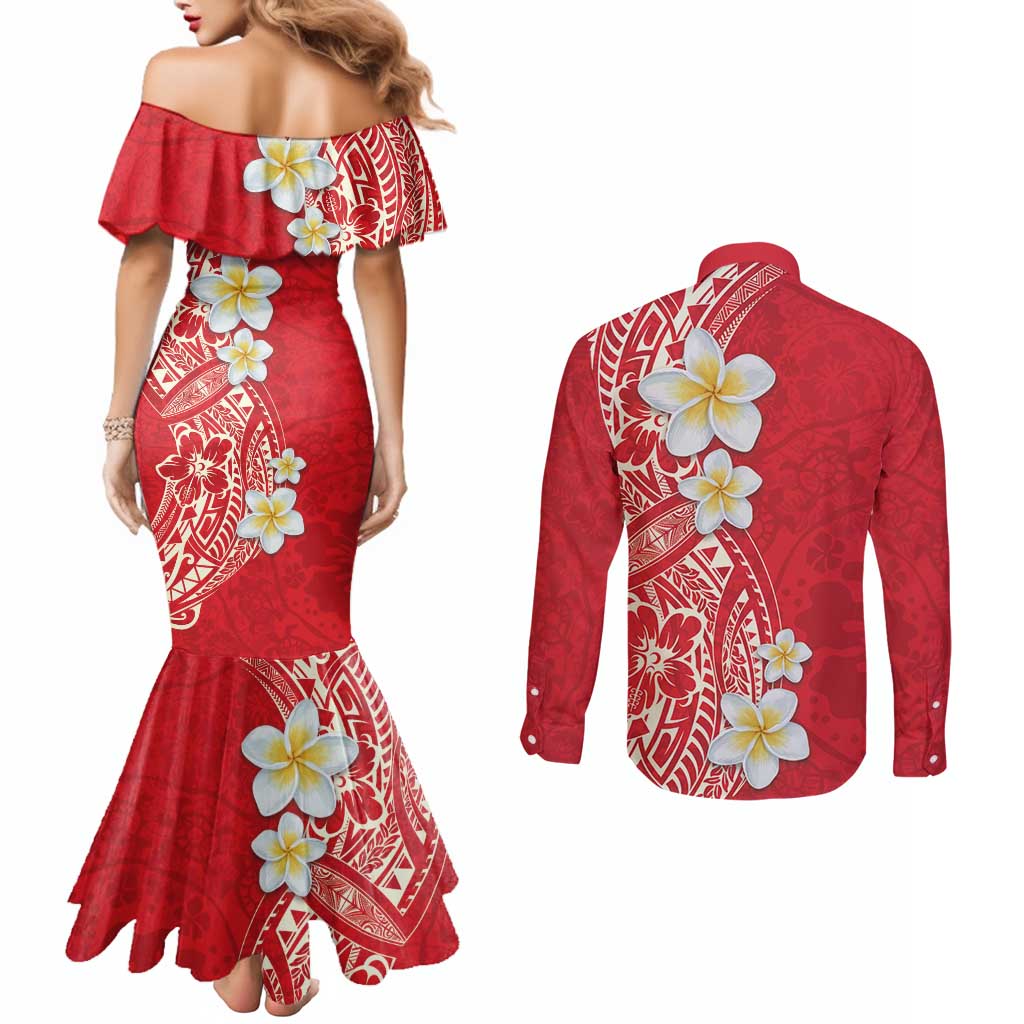 Plumeria Couples Matching Mermaid Dress and Long Sleeve Button Shirt Polynesian Tribal Frangipani Red LT03 - Polynesian Pride