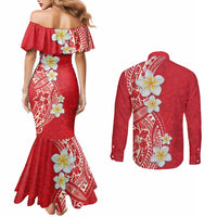 Plumeria Couples Matching Mermaid Dress and Long Sleeve Button Shirt Polynesian Tribal Frangipani Red LT03 - Polynesian Pride