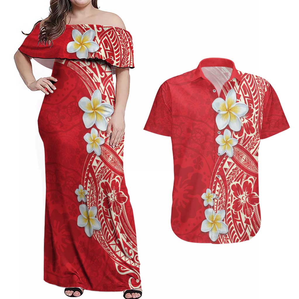 Plumeria Couples Matching Off Shoulder Maxi Dress and Hawaiian Shirt Polynesian Tribal Frangipani Red LT03 Red - Polynesian Pride