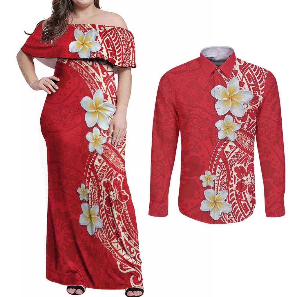 Plumeria Couples Matching Off Shoulder Maxi Dress and Long Sleeve Button Shirt Polynesian Tribal Frangipani Red LT03 Red - Polynesian Pride