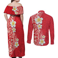Plumeria Couples Matching Off Shoulder Maxi Dress and Long Sleeve Button Shirt Polynesian Tribal Frangipani Red LT03 - Polynesian Pride