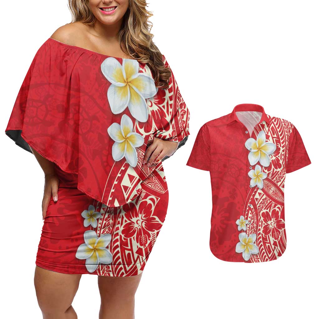 Plumeria Couples Matching Off Shoulder Short Dress and Hawaiian Shirt Polynesian Tribal Frangipani Red LT03 Red - Polynesian Pride