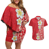 Plumeria Couples Matching Off Shoulder Short Dress and Hawaiian Shirt Polynesian Tribal Frangipani Red LT03 Red - Polynesian Pride