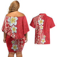 Plumeria Couples Matching Off Shoulder Short Dress and Hawaiian Shirt Polynesian Tribal Frangipani Red LT03 - Polynesian Pride