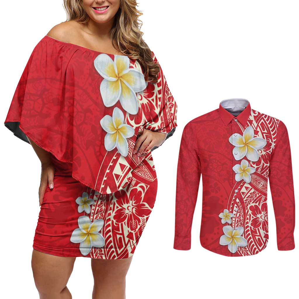 Plumeria Couples Matching Off Shoulder Short Dress and Long Sleeve Button Shirt Polynesian Tribal Frangipani Red LT03 Red - Polynesian Pride