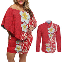 Plumeria Couples Matching Off Shoulder Short Dress and Long Sleeve Button Shirt Polynesian Tribal Frangipani Red LT03 Red - Polynesian Pride