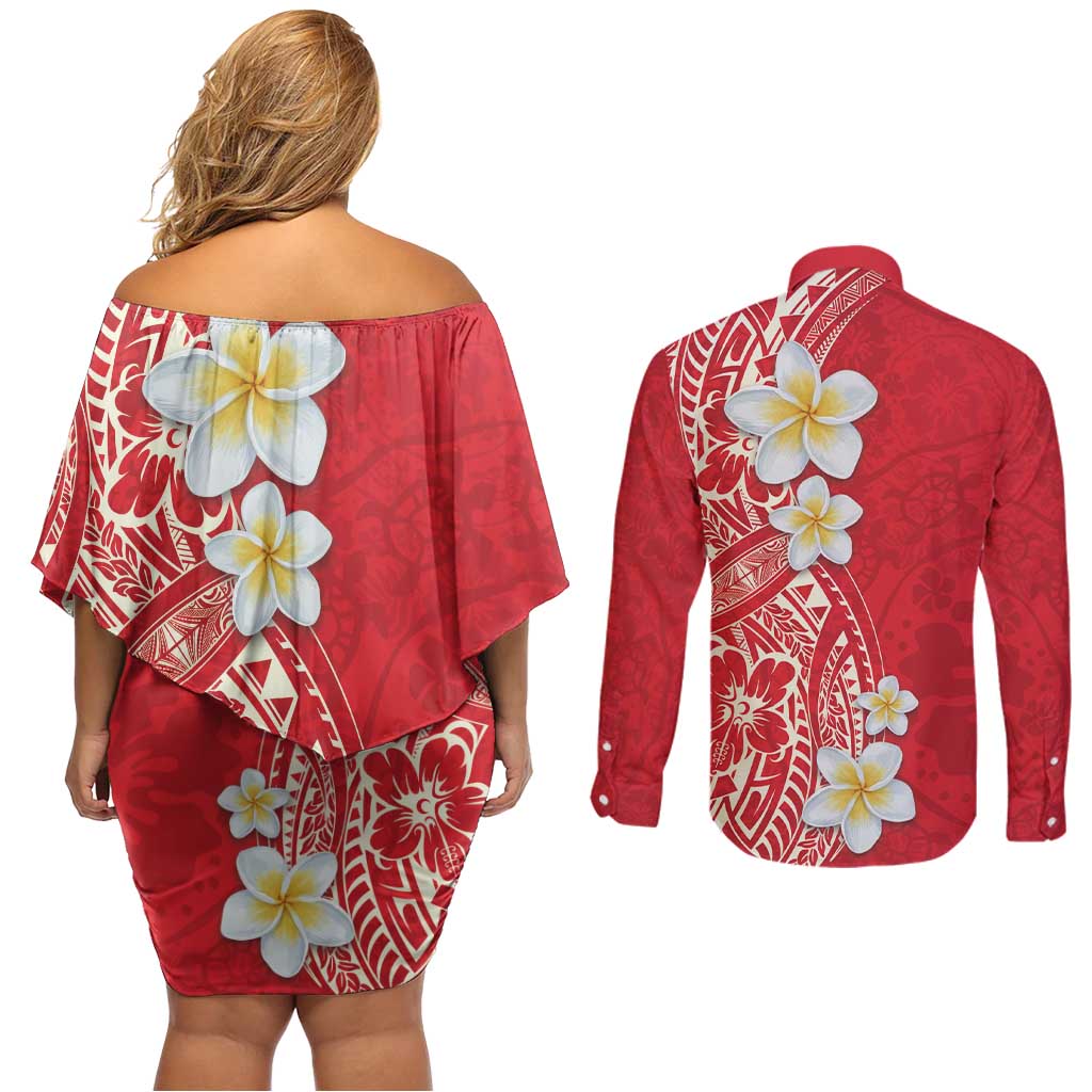 Plumeria Couples Matching Off Shoulder Short Dress and Long Sleeve Button Shirt Polynesian Tribal Frangipani Red LT03 - Polynesian Pride