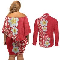 Plumeria Couples Matching Off Shoulder Short Dress and Long Sleeve Button Shirt Polynesian Tribal Frangipani Red LT03 - Polynesian Pride