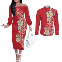 Plumeria Couples Matching Off The Shoulder Long Sleeve Dress and Long Sleeve Button Shirt Polynesian Tribal Frangipani Red LT03 Red - Polynesian Pride