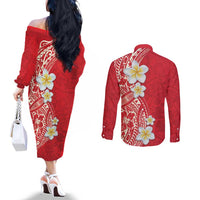 Plumeria Couples Matching Off The Shoulder Long Sleeve Dress and Long Sleeve Button Shirt Polynesian Tribal Frangipani Red LT03 - Polynesian Pride