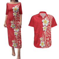 Plumeria Couples Matching Puletasi and Hawaiian Shirt Polynesian Tribal Frangipani Red LT03 Red - Polynesian Pride