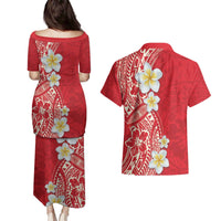 Plumeria Couples Matching Puletasi and Hawaiian Shirt Polynesian Tribal Frangipani Red LT03 - Polynesian Pride
