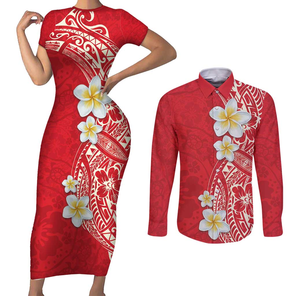 Plumeria Couples Matching Short Sleeve Bodycon Dress and Long Sleeve Button Shirt Polynesian Tribal Frangipani Red LT03 Red - Polynesian Pride