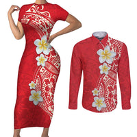 Plumeria Couples Matching Short Sleeve Bodycon Dress and Long Sleeve Button Shirt Polynesian Tribal Frangipani Red LT03 Red - Polynesian Pride