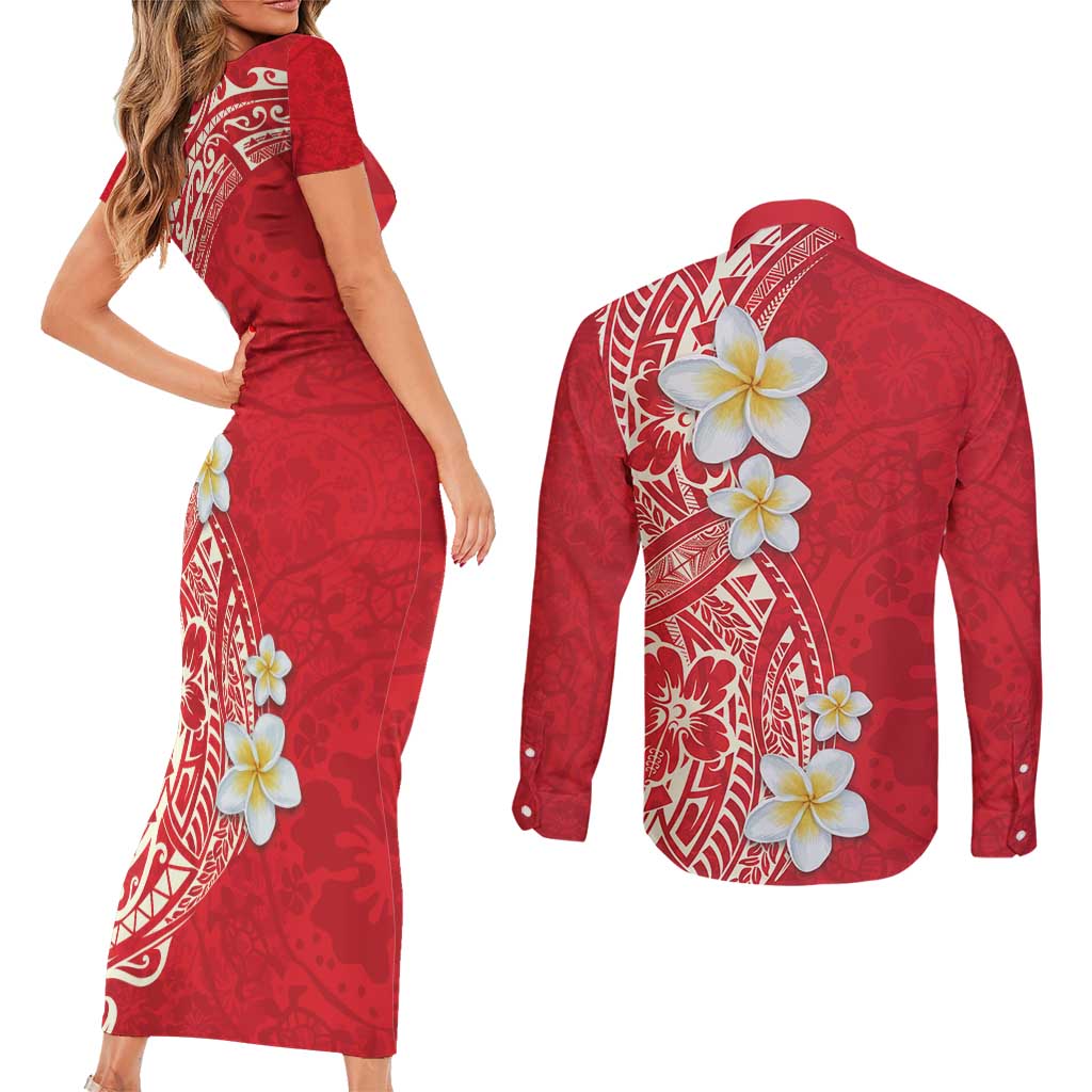Plumeria Couples Matching Short Sleeve Bodycon Dress and Long Sleeve Button Shirt Polynesian Tribal Frangipani Red LT03 - Polynesian Pride