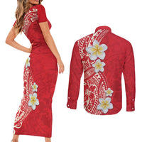 Plumeria Couples Matching Short Sleeve Bodycon Dress and Long Sleeve Button Shirt Polynesian Tribal Frangipani Red LT03 - Polynesian Pride