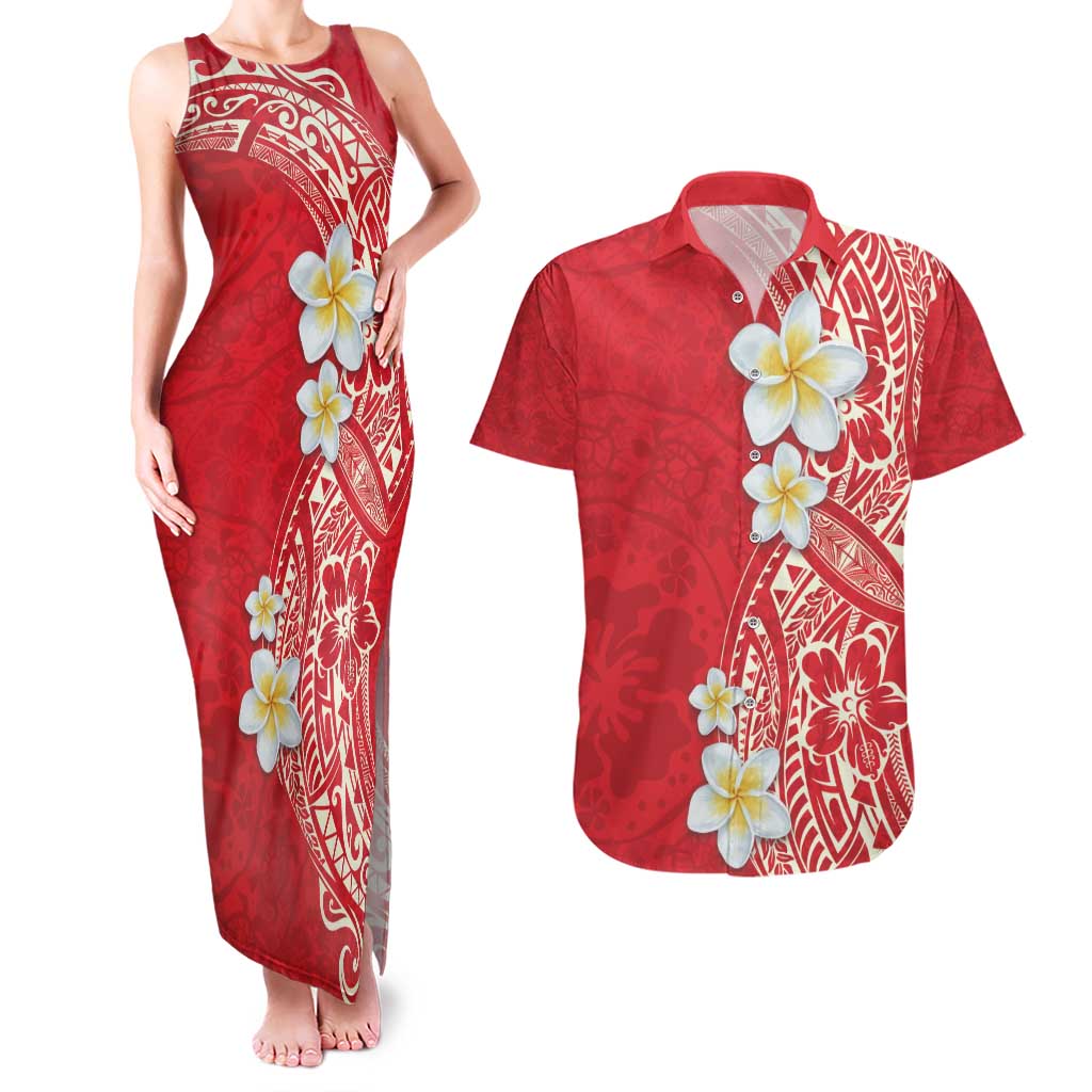 Plumeria Couples Matching Tank Maxi Dress and Hawaiian Shirt Polynesian Tribal Frangipani Red LT03 Red - Polynesian Pride