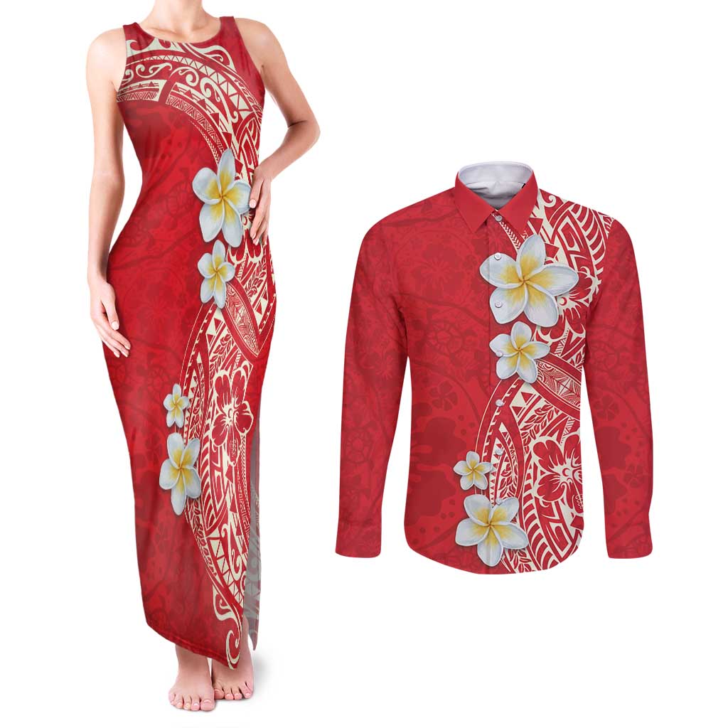 Plumeria Couples Matching Tank Maxi Dress and Long Sleeve Button Shirt Polynesian Tribal Frangipani Red LT03 Red - Polynesian Pride