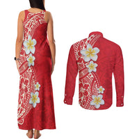 Plumeria Couples Matching Tank Maxi Dress and Long Sleeve Button Shirt Polynesian Tribal Frangipani Red LT03 - Polynesian Pride