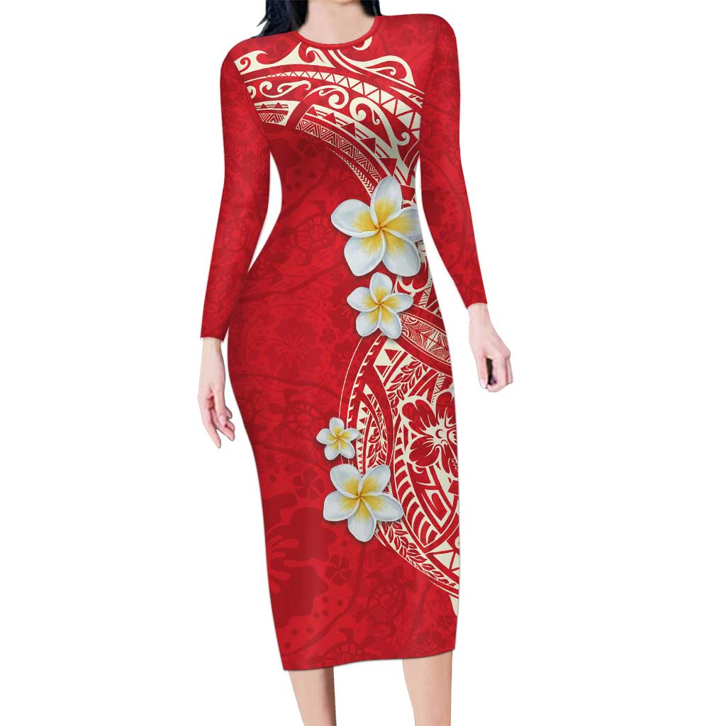 Plumeria Family Matching Long Sleeve Bodycon Dress and Hawaiian Shirt Polynesian Tribal Frangipani Red LT03 Mom's Dress Red - Polynesian Pride