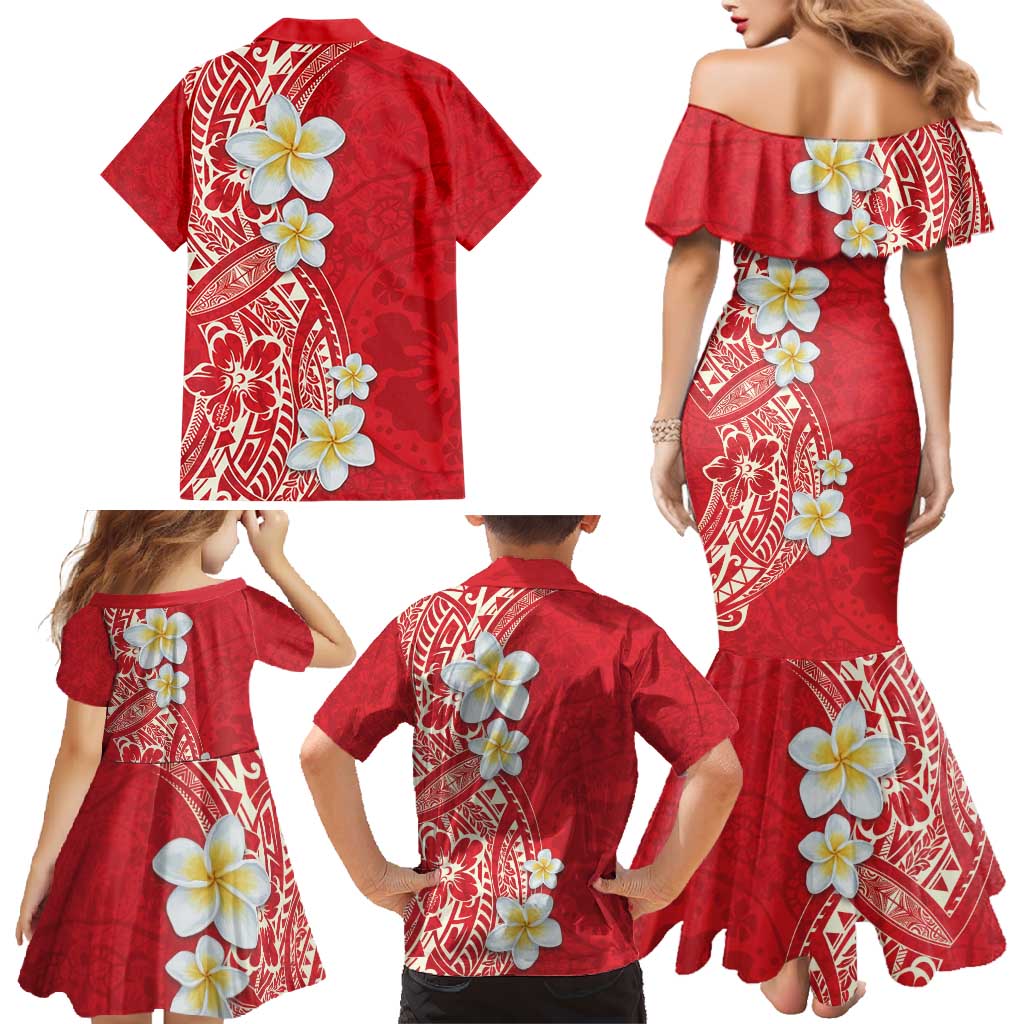 Plumeria Family Matching Mermaid Dress and Hawaiian Shirt Polynesian Tribal Frangipani Red LT03 - Polynesian Pride