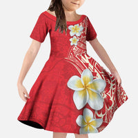 Plumeria Family Matching Off The Shoulder Long Sleeve Dress and Hawaiian Shirt Polynesian Tribal Frangipani Red LT03 Daughter's Dress Red - Polynesian Pride