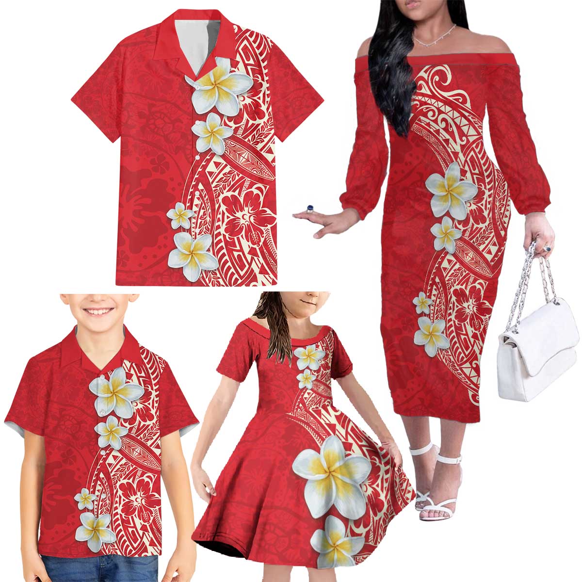 Plumeria Family Matching Off The Shoulder Long Sleeve Dress and Hawaiian Shirt Polynesian Tribal Frangipani Red LT03 - Polynesian Pride