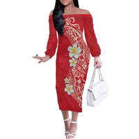 Plumeria Family Matching Off The Shoulder Long Sleeve Dress and Hawaiian Shirt Polynesian Tribal Frangipani Red LT03 Mom's Dress Red - Polynesian Pride