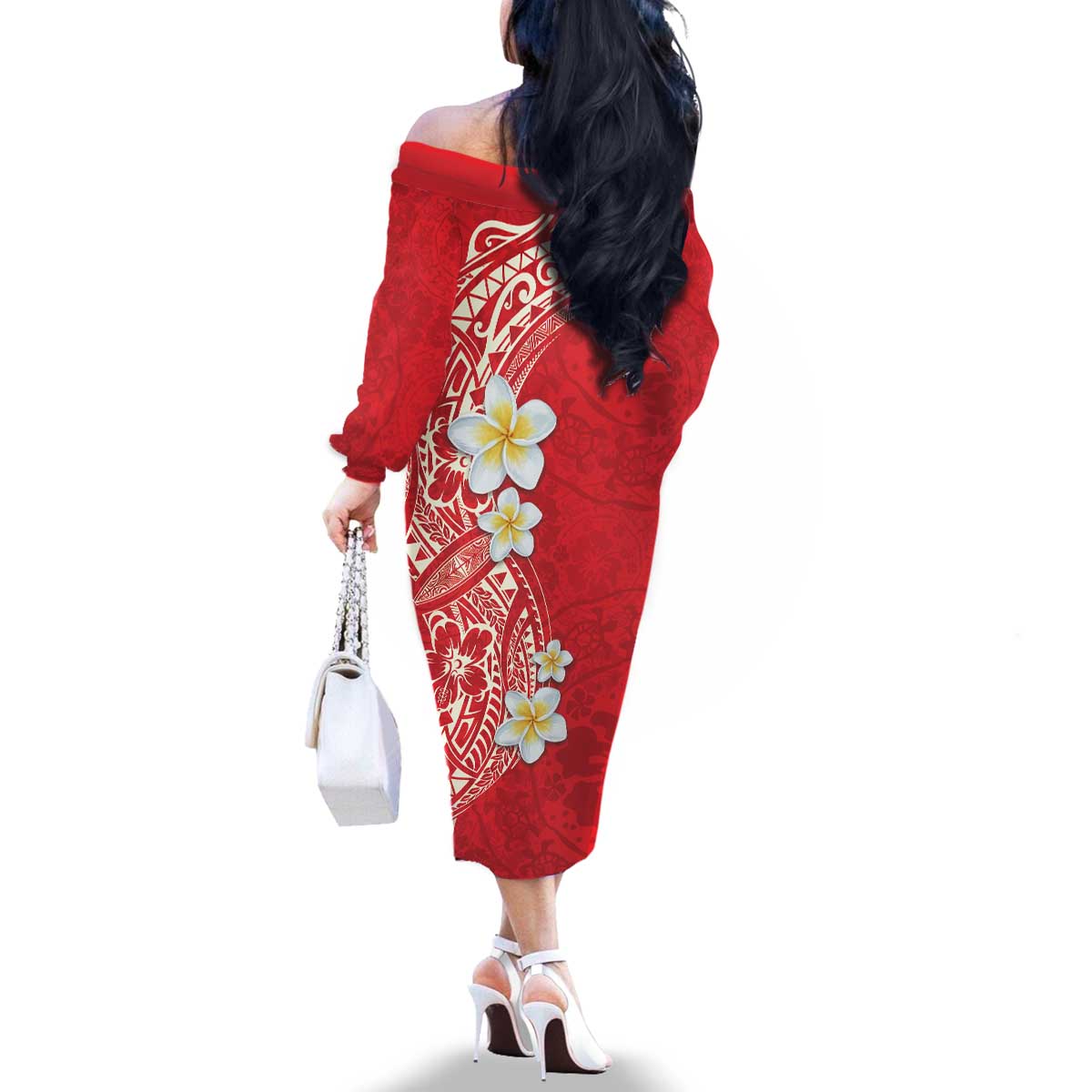 Plumeria Family Matching Off The Shoulder Long Sleeve Dress and Hawaiian Shirt Polynesian Tribal Frangipani Red LT03 - Polynesian Pride