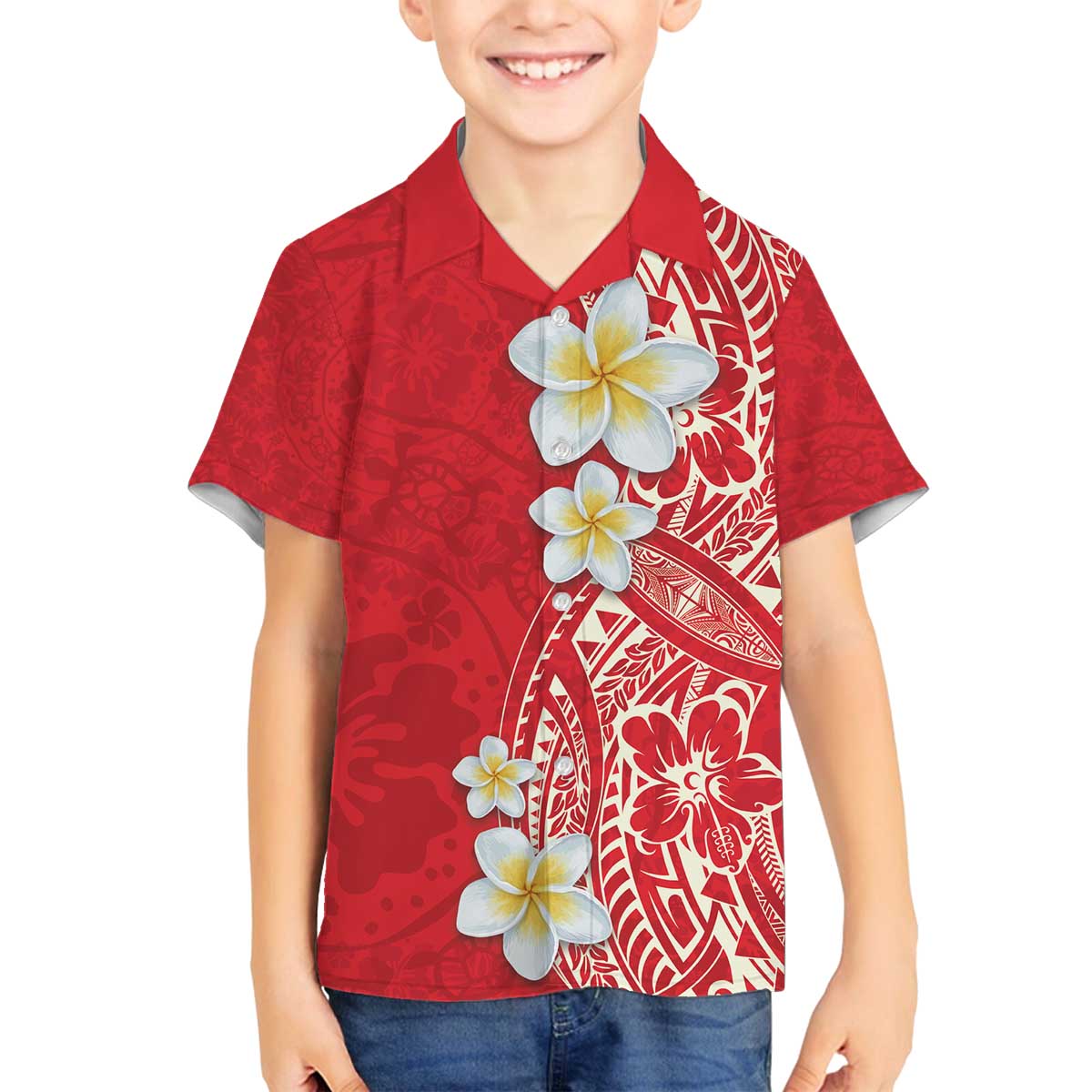 Plumeria Family Matching Off The Shoulder Long Sleeve Dress and Hawaiian Shirt Polynesian Tribal Frangipani Red LT03 Son's Shirt Red - Polynesian Pride