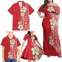 Plumeria Family Matching Off Shoulder Maxi Dress and Hawaiian Shirt Polynesian Tribal Frangipani Red LT03 - Polynesian Pride