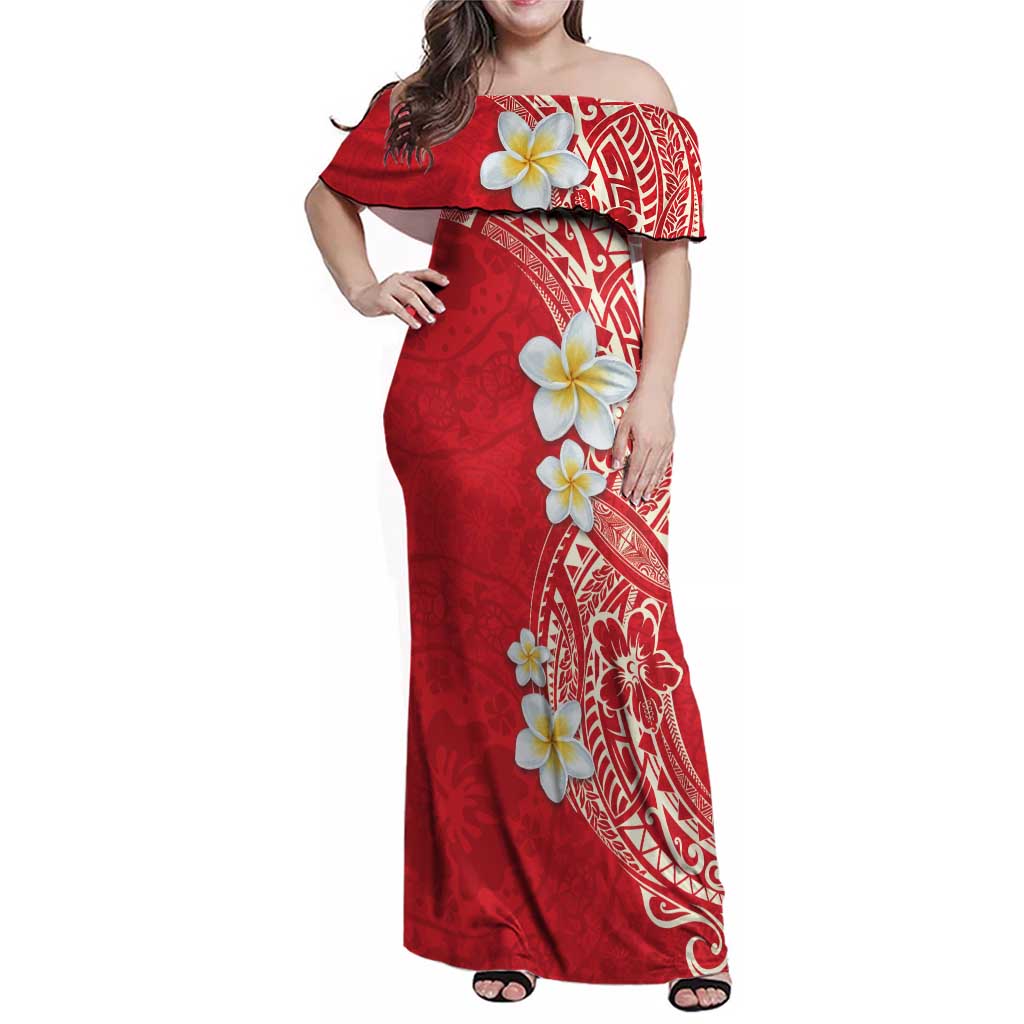 Plumeria Family Matching Off Shoulder Maxi Dress and Hawaiian Shirt Polynesian Tribal Frangipani Red LT03 Mom's Dress Red - Polynesian Pride