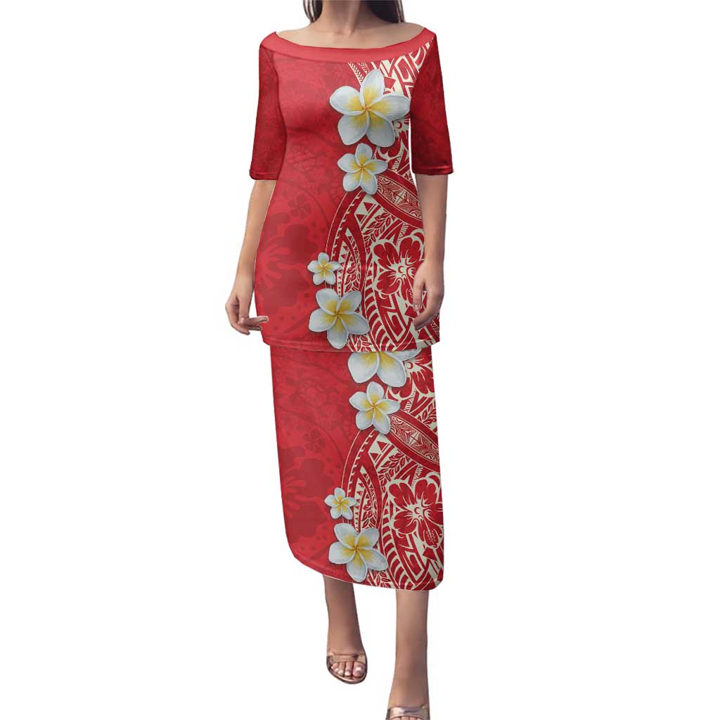 Plumeria Family Matching Puletasi and Hawaiian Shirt Polynesian Tribal Frangipani Red LT03 Mom's Dress Red - Polynesian Pride