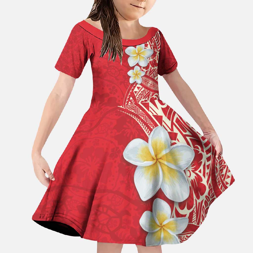Plumeria Family Matching Summer Maxi Dress and Hawaiian Shirt Polynesian Tribal Frangipani Red LT03 Daughter's Dress Red - Polynesian Pride