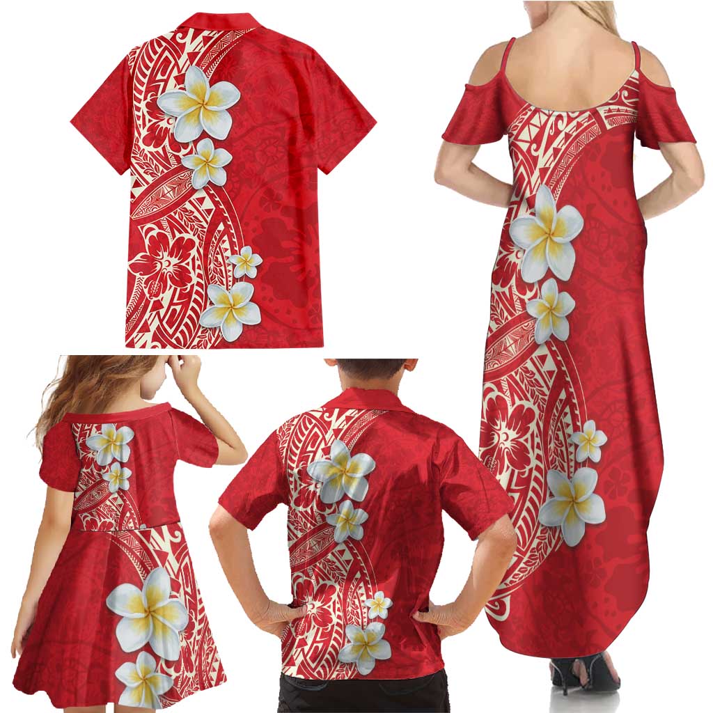 Plumeria Family Matching Summer Maxi Dress and Hawaiian Shirt Polynesian Tribal Frangipani Red LT03 - Polynesian Pride