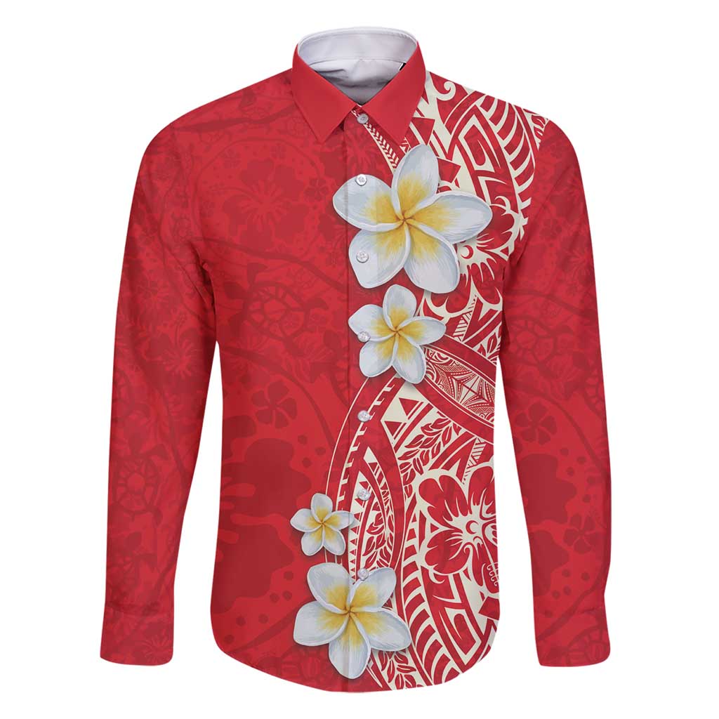 Plumeria Family Matching Tank Maxi Dress and Hawaiian Shirt Polynesian Tribal Frangipani Red LT03 Dad's Shirt - Long Sleeve Red - Polynesian Pride