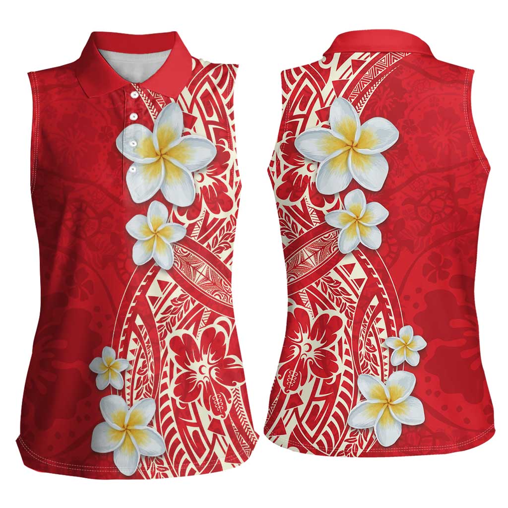 Plumeria Women Sleeveless Polo Shirt Polynesian Tribal Frangipani Red LT03 - Polynesian Pride